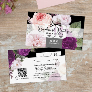 Cartão De Visita Consulta de Cabelo com QR Floral Preto e Branco