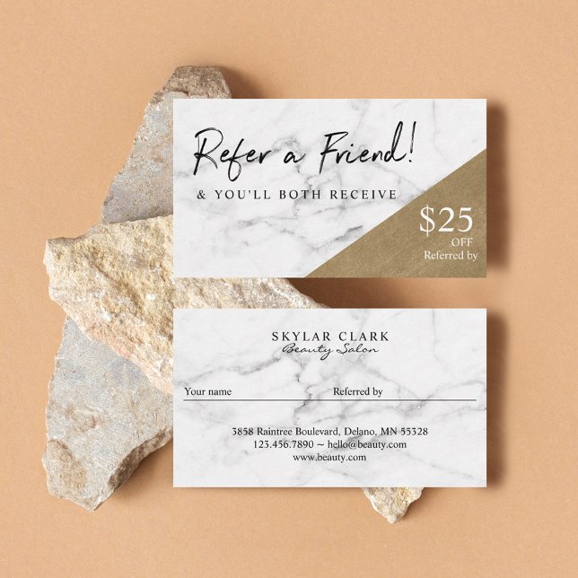 Cartão De Visita Consultar Um Marble Elegante Amigo E Referência Do (Refer A Friend Elegant Marble & Gold Referral Business Card)