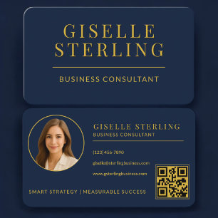 Cartão De Visita Consultor de Negócios Código QR Foto Azul Marinho