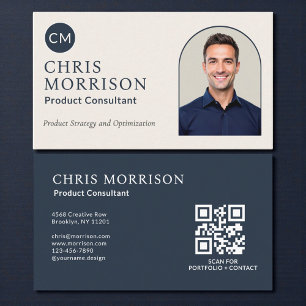 Cartão De Visita Consultor de Produto Foto Código QR Azul Marinho