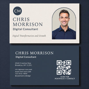 Cartão De Visita Consultor Digital Foto Código QR Azul Marinho