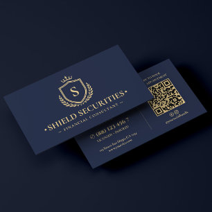 Cartão De Visita Consultor Financeiro Elegante Coroa Escudo Azul Ma