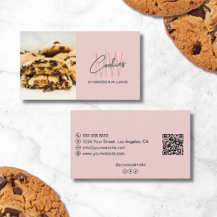 Cartão De Visita Cookies Monograma Logotipo Folha Foto QR Rosa