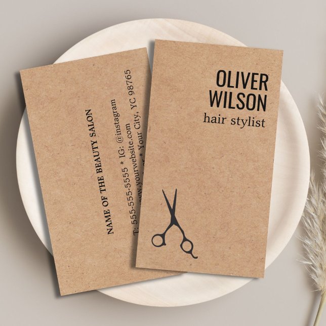 Cartão De Visita Cool Minimalist Printed Kraft Black Bold HairSalon (Criador carregado)