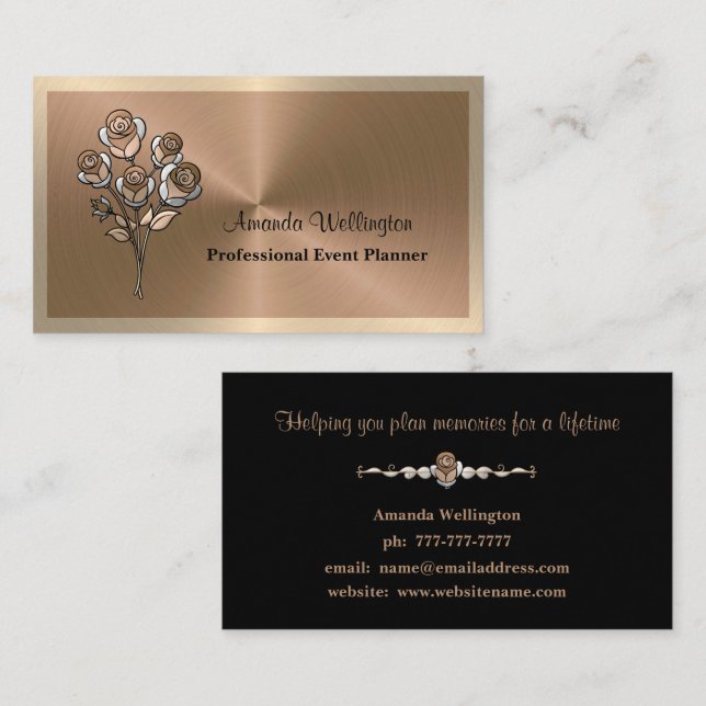 Cartão De Visita Copper & Gold Floral Event Planner Business Card (Frente/Verso)