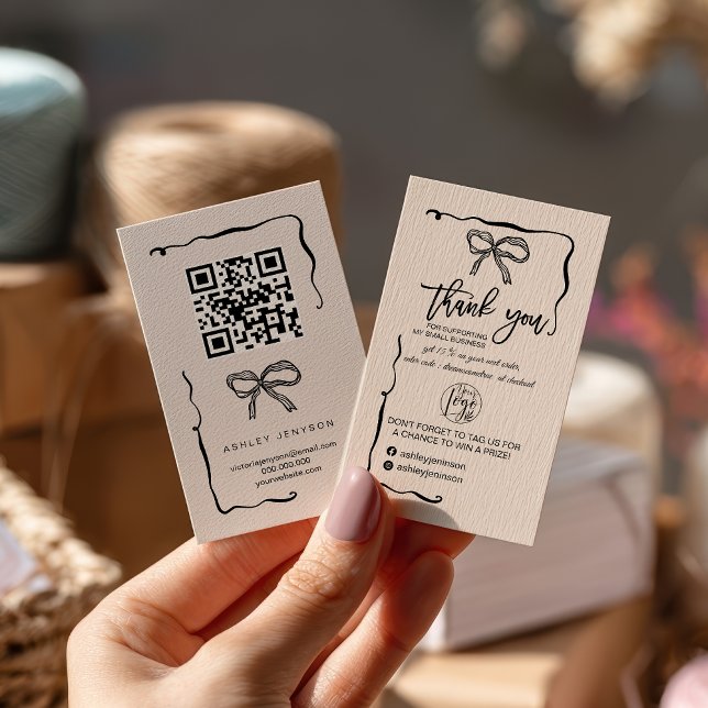 Cartão De Visita Coquette Bow Logo QR Thank You Order Small (Coquette Bow Logo QR Thank You Order Small Business Card)