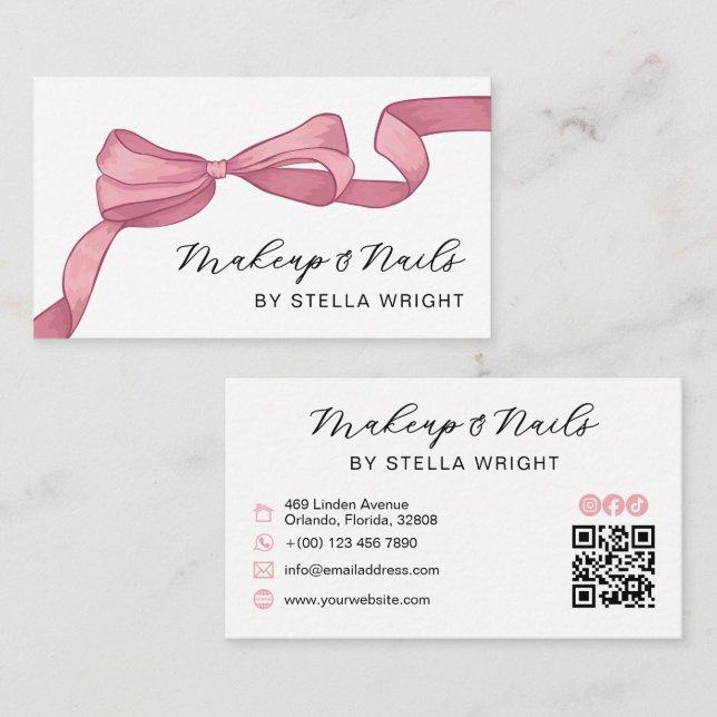 Cartão De Visita Coquette Pink Bow Beauty QR Code (Frente/Verso)