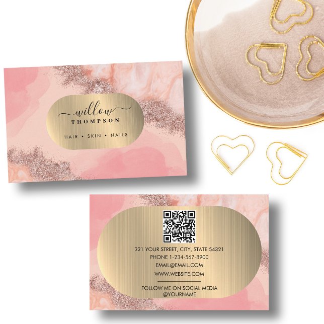 Cartão De Visita Cor d'água rosa esbranquiçada Faux Gold Foil Códig (Blush Pink Watercolor Faux Gold Foil QR Code Business Card)