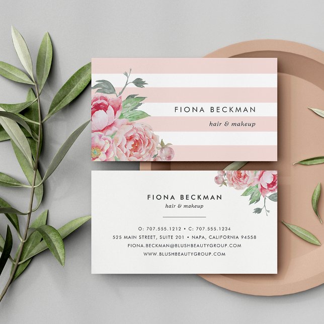Cartão De Visita Cor d'água rosa, Peony & Blush Stripe (Criador carregado)