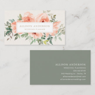 Cartão De Visita Cor de Água Floral e Verde Rosa Elegante