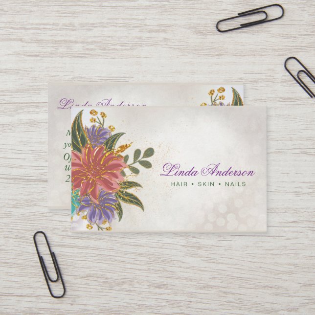 Cartão De Visita Cor-de-rosa e púrpura com Dourada Aquarela (Frente/Verso In Situ)