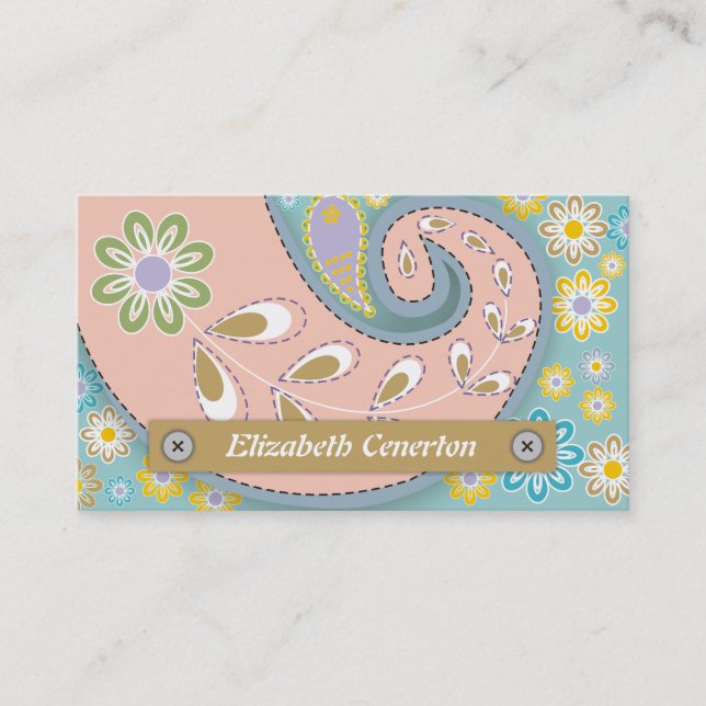 Cartão De Visita Cor-de-rosa retroativa, motif azul paisley (Frente)