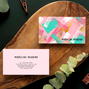 Cartão De Visita Cor Rosa Mint Faux Dourado Traços de Pincel Abstra