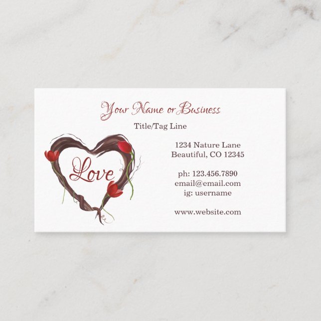 Cartão De Visita Coração de Amor com Tulipas Vermelhas (Frente)
