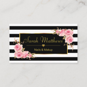 Cartão De Visita Coração Dourada Salão de Rosa com Striped Elega