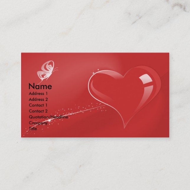 CARTÃO DE VISITA CORAÇÃO E BORBOLETA VERMELHOS DA FANTASIA (Frente)