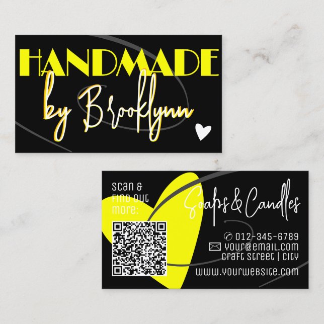 Cartão De Visita Coração Preto Amarelo na moda com Código QR (Frente/Verso)