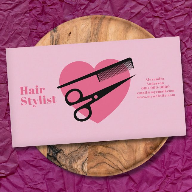 Cartão De Visita Coração Rosa - Cabeleireiro (Pink Heart - Hair Stylist Business Card)