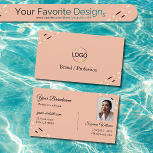 Cartão De Visita Coral com Logotipo de Linhas em Dourado Rosa e Fot