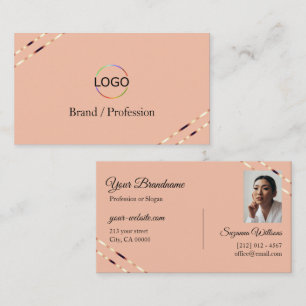 Cartão De Visita Coral com Logotipo de Linhas em Dourado Rosa e Fot