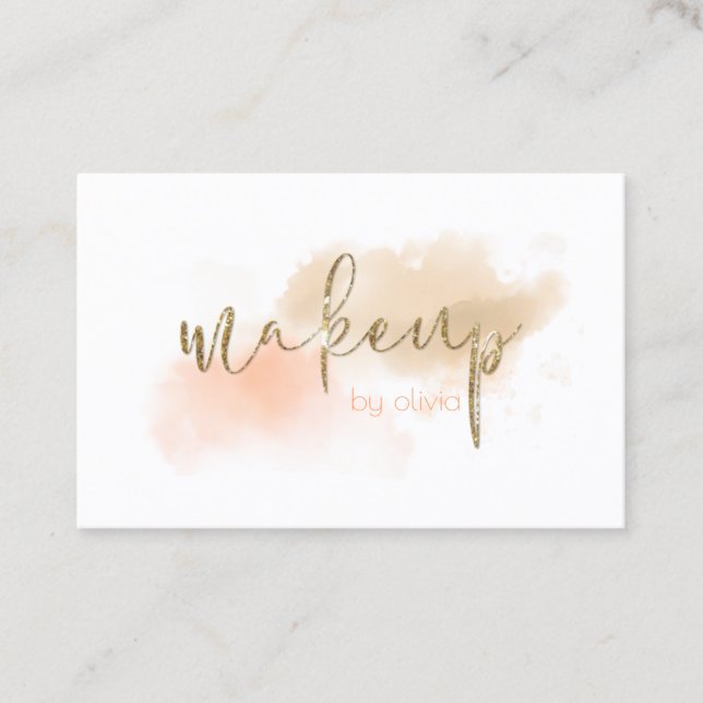 Cartão De Visita Coral de Aquarela e Maquiagem Dourada (Frente)