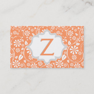 Cartão De Visita Coral elegante, branco, monograma do padrão floral