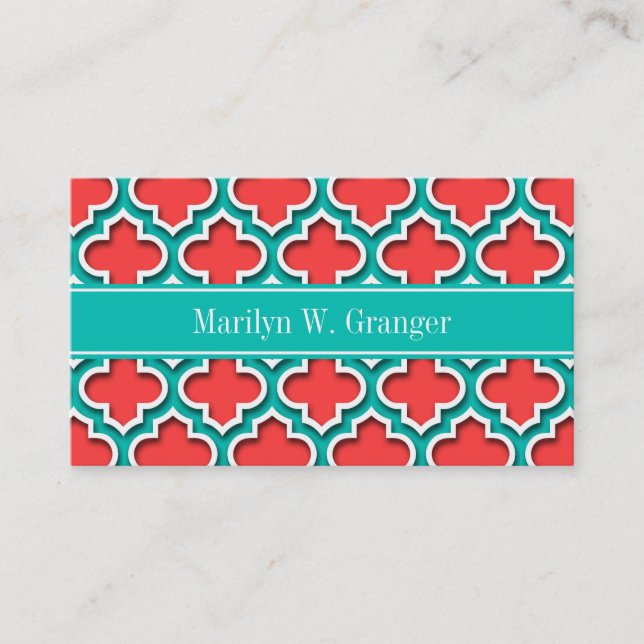 Cartão De Visita Coral Red, Teal Marroquino #5DS Nome Teal Monogram (Frente)
