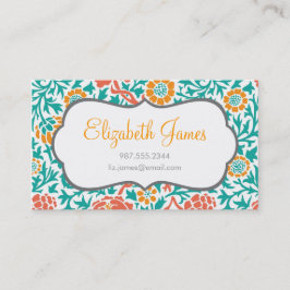 Cartão De Visita Coral Teal e Damasco Floral Retro Laranja