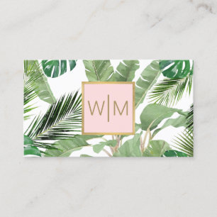 Cartão De Visita Cores Aquáticas Tropicais Folhas Monograma Branco/