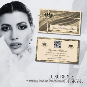 Cartão De Visita Coroa Dourada de Beige Real de Luxo com Código QR 