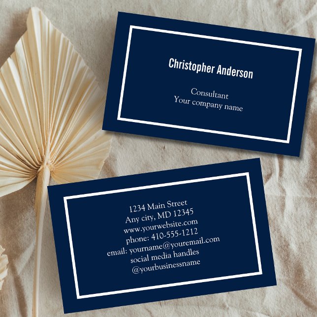Cartão De Visita Corporação profissional mínima branca e marinho az (Navy Blue and White Professional Corporate Business Cards)