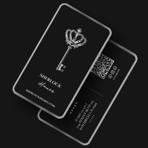 Cartão De Visita Corretor Elegante Preto Prata Coroa de Chaves Hipo