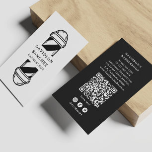 Cartão De Visita Corte de Cabelo Preto e Branco Código QR & Mídias