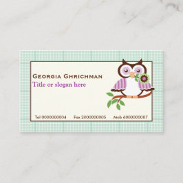 Cartão De Visita Coruja de primavera com xadrez verde de menta