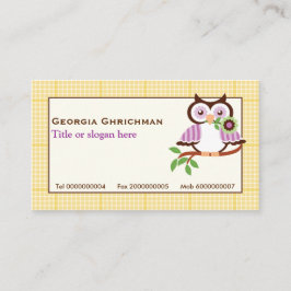 Cartão De Visita Coruja de primavera em um galho, borda xadrez amar