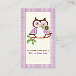 Cartão De Visita Coruja de primavera em um galho, xadrez roxa