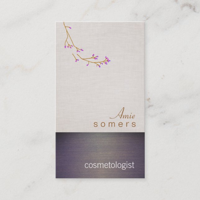 Cartão De Visita Cosmetologia Linen e Textura de Madeira Vejam Salã (Frente)