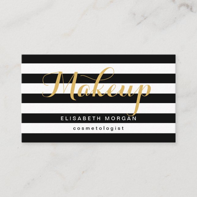Cartão De Visita Cosmetólogo Dourado Caligrafia Black White Stripes (Frente)