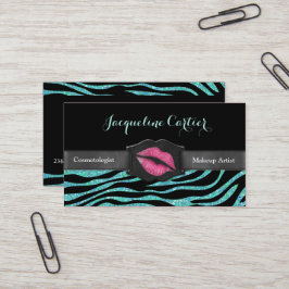 Cartão De Visita Cosmetólogo Elegante Aqua Zebra Glitter Kiss