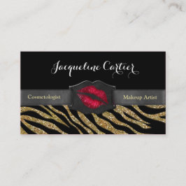 Cartão De Visita Cosmetólogo Elegante Dourado Zebra Glitter Kiss