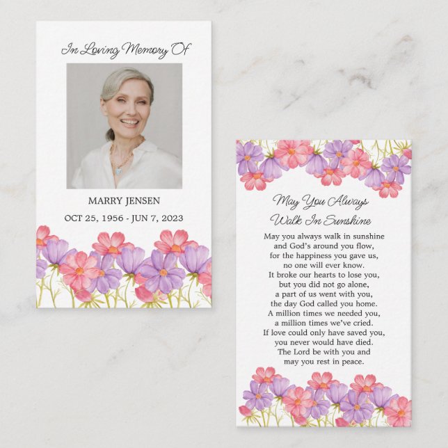 Cartão De Visita Cosmos Memorial Photo Funeral Prayer Card (Frente/Verso)