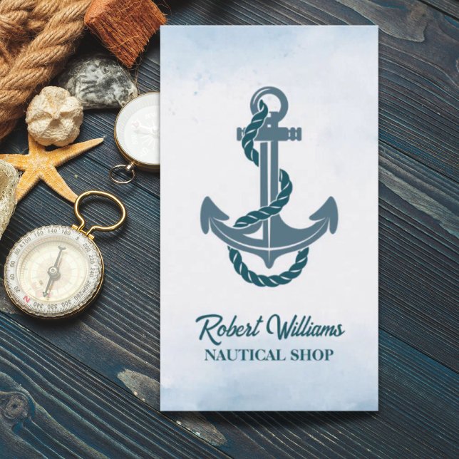 Cartão De Visita Costeira Praia Azul Aquarela Navio Ângulo Náutico (Coastal Beach Blue Watercolor Ship Anchor Nautical Business Card)