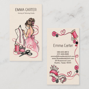Cartão De Visita Costureira Elegante Rosa Alfaiate Modista