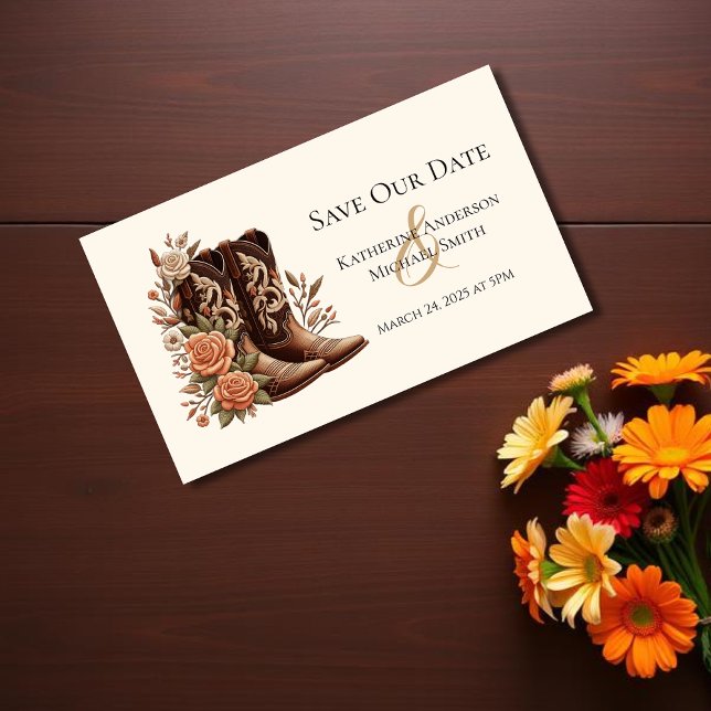 Cartão De Visita Country Western Flowers com Boots de Cowboy (Country Western Flowers with Cowboy Boots Save the Date)