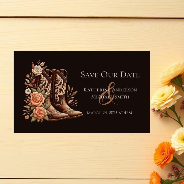 Cartão De Visita Country Western Flowers com Boots de Cowboy (Country Western Flowers with Cowboy Boots-Wedding Save the Date Cards)