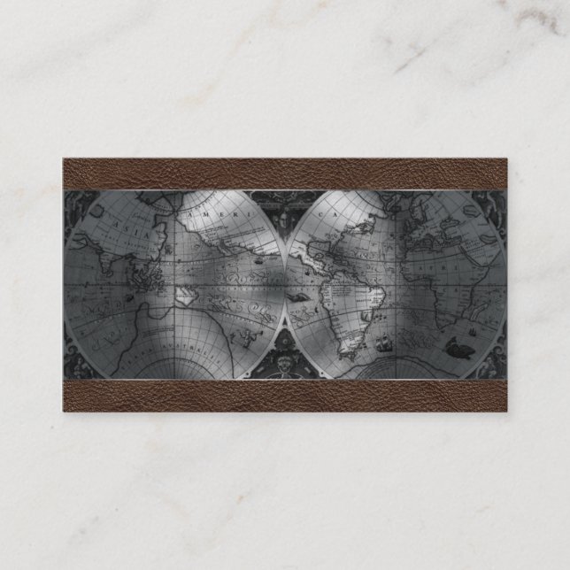 Cartão De Visita Couro de Brown do globo do mapa do mundo do agente (Frente)
