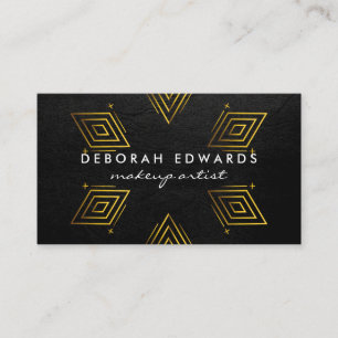 Cartão De Visita Couro Negro refinado   Padrões geométricos Dourado