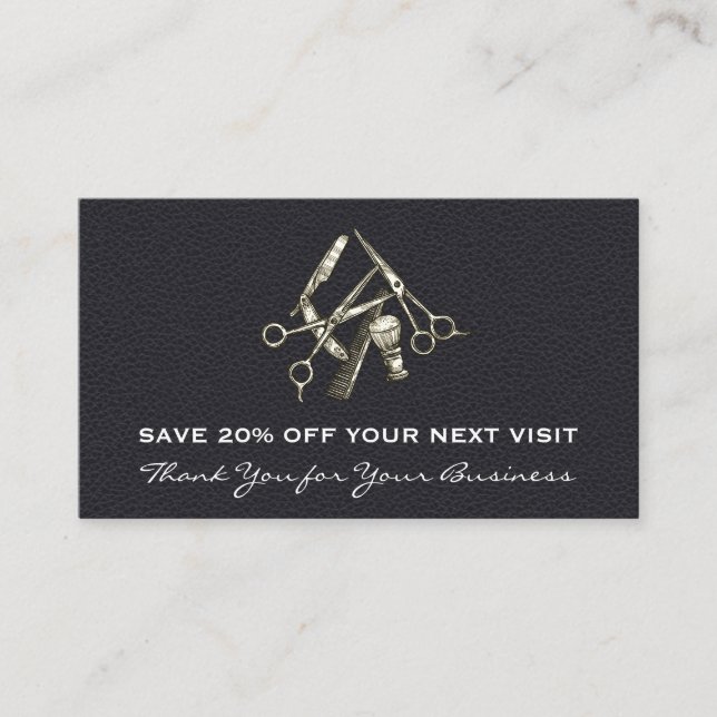 Cartão De Visita Couro Preto | Cadeira Salon | Fidelidade de Descon (Frente)