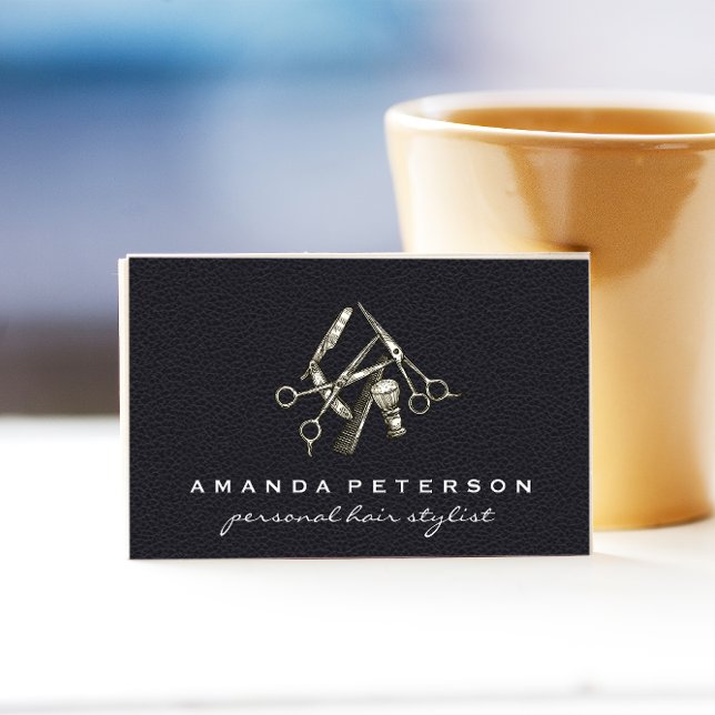 Cartão De Visita Couro Preto | Salão | Ferramentas de Compro Barber (Criador carregado)