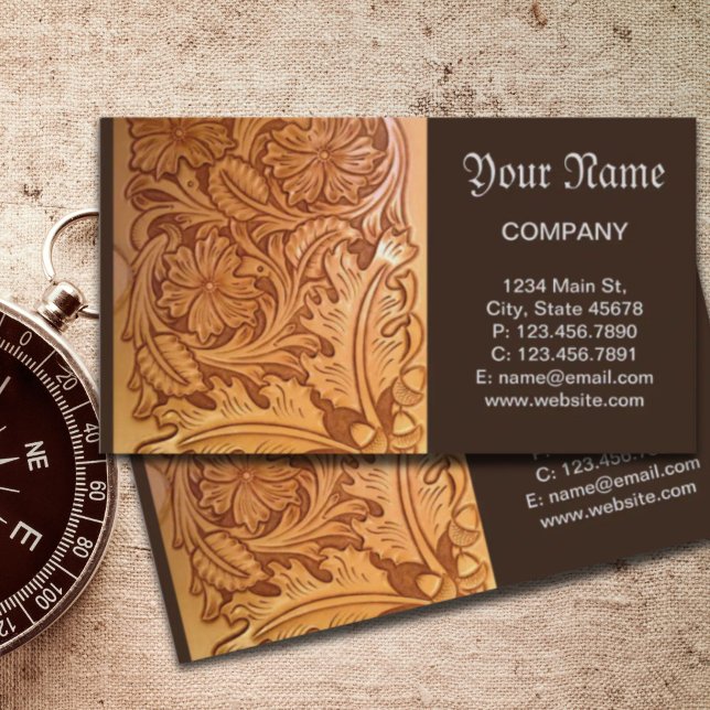 Cartão De Visita Couro russo castanho-do-oeste (Rustic brown western country tooled leather business card)